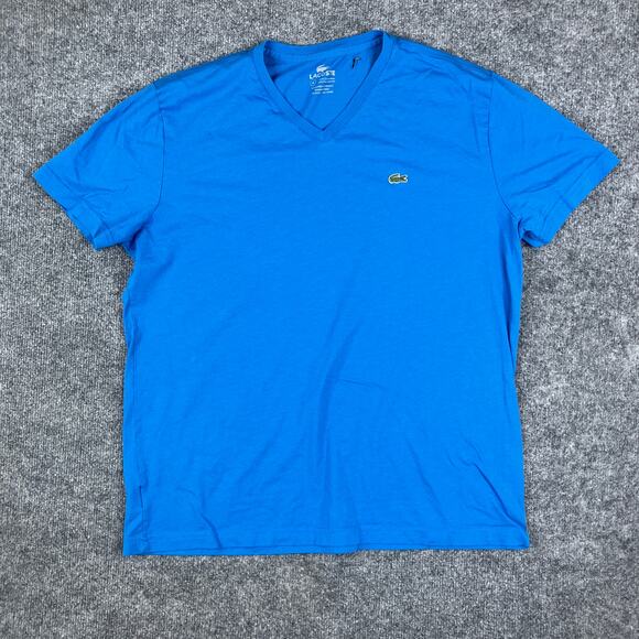 Lacoste T-Shirt Mens Size L Blue V-Neck Pima Cotton Logo Tee READ Tear by Collar - Picture 1 of 7